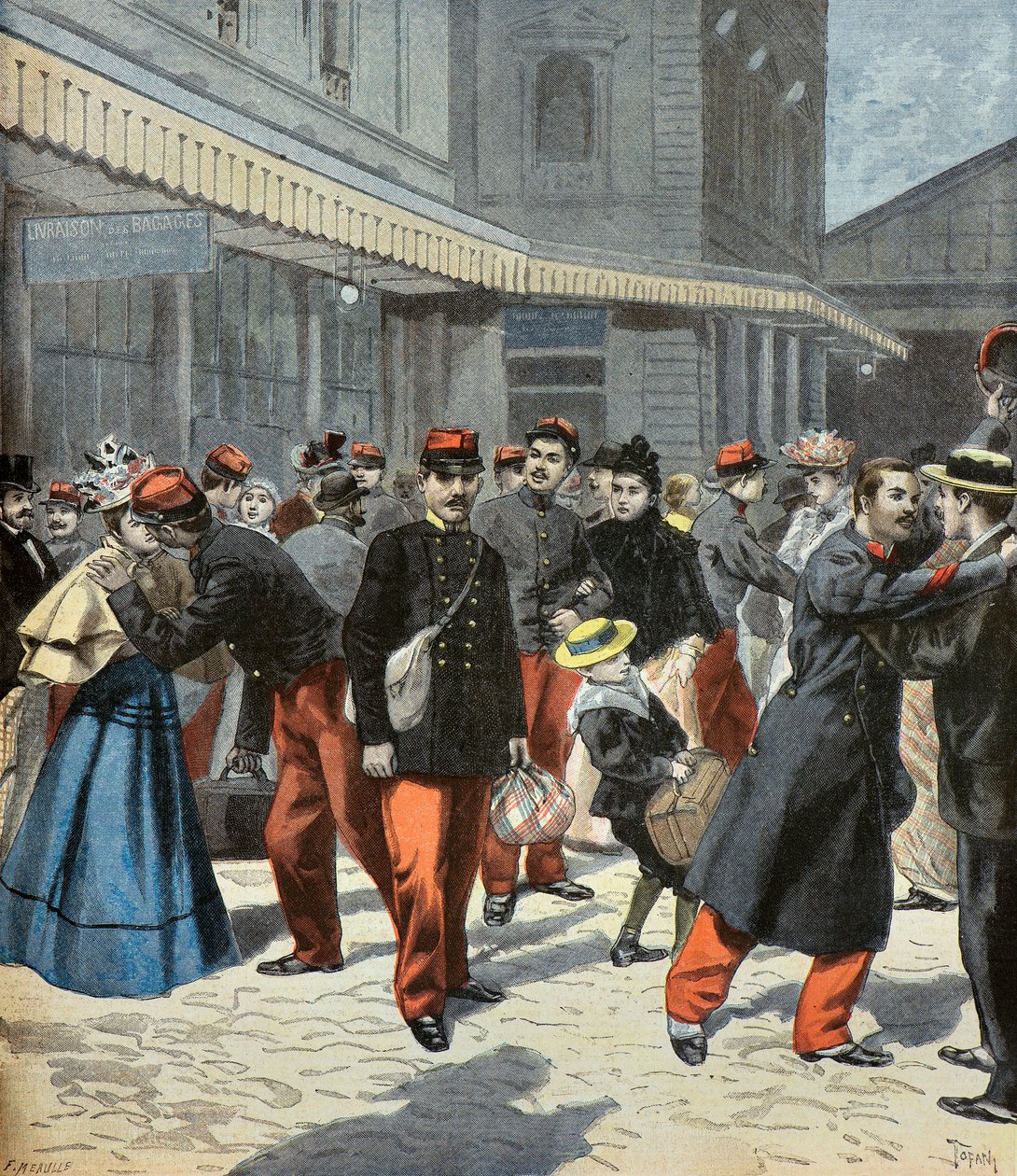 O regresso da classe. Após o serviço militar, os soldados reúnem-se com as suas famílias 1897 (Gravura) de Oswaldo Tofani