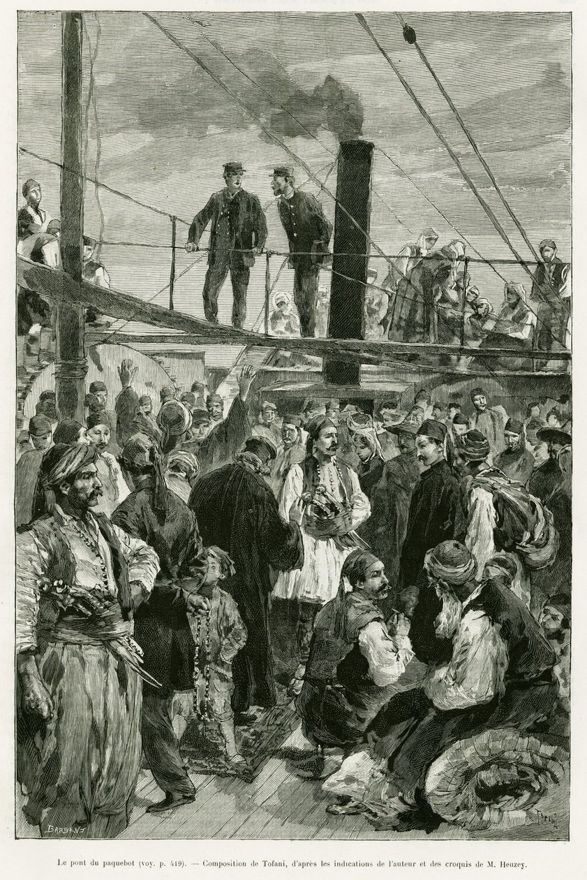O convés do navio. Gravura de Tofani para ilustrar a história Voyage en Thessalie em 1882, de Paul Monceaux, em le tour du monde 1887, dirigida por Edouard Charton (1807-1890), Hachette, Paris. de Oswaldo Tofani