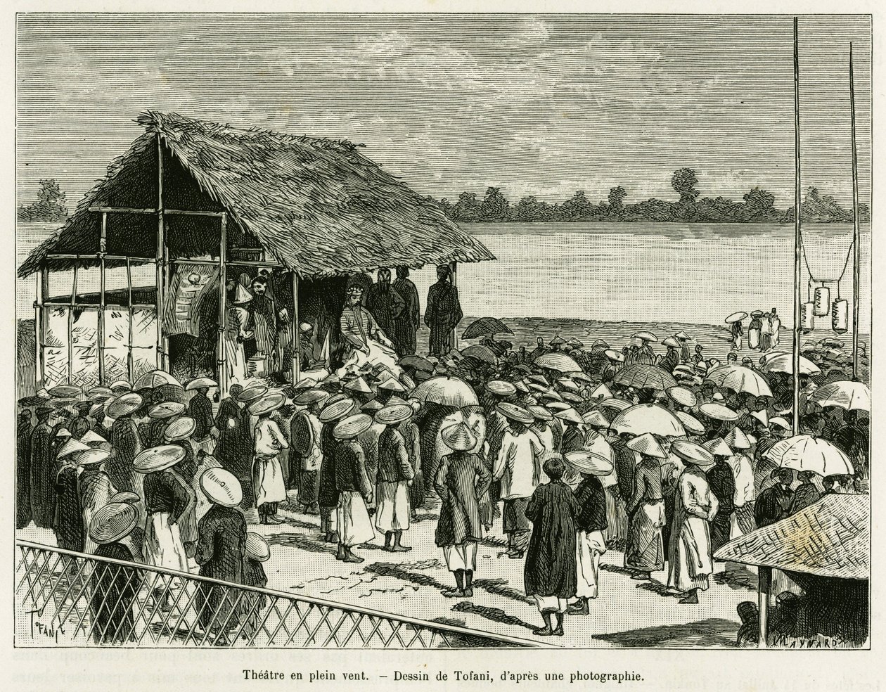 O teatro ao vento. Gravado por Tofani, após uma fotografia, para ilustrar a história Trente mois au Tonkin, em 1884, pelo Dr. Paul Hocquard, em le tour du monde 1890, sob a direção de Edouard Charton (1807-1890), Hachette, Paris. de Oswaldo Tofani