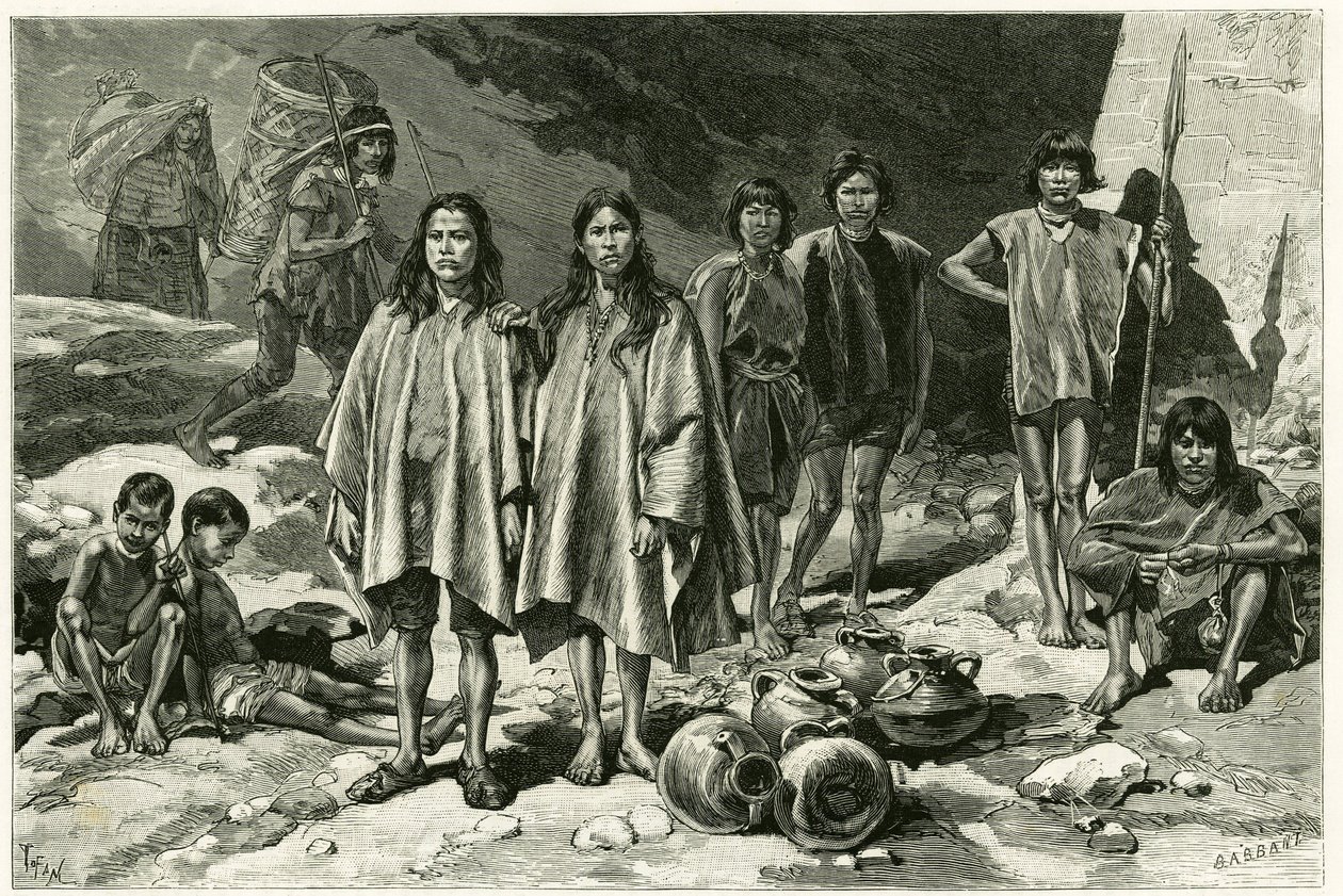 Tipos de índios dos Cordilheiras do Equador, à esquerda, ao fundo, Yumbos de Nanegal, em primeiro plano Lojanos, no meio um casal de Zaparos, à direita, guerreiros Jivaros. Gravura de Tofani, com base em documentos, para ilustrar a história de Oswaldo Tofani