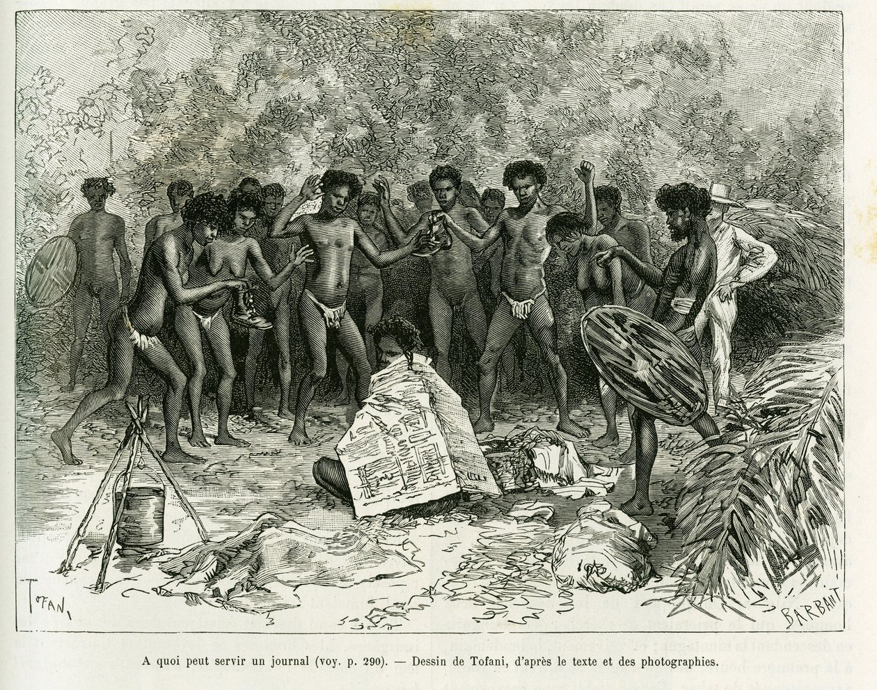 Para que pode ser usado um jornal Gravado por Tofani, para ilustrar a história Chez les cannibales, Voyage dans le nord-est de l