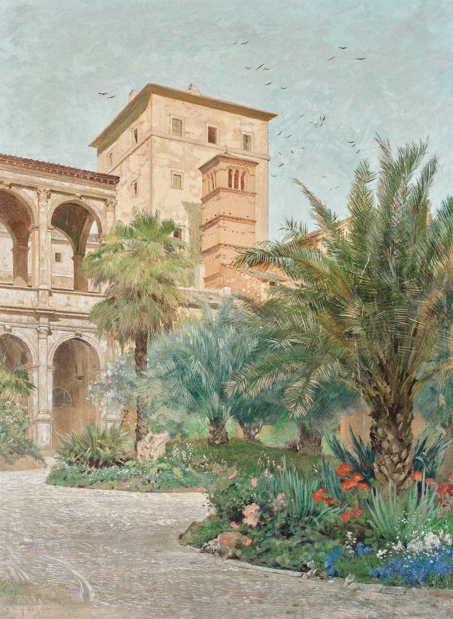 Vista da embaixada em Roma: jardim com vista para as arcadas de Othmar Brioschi