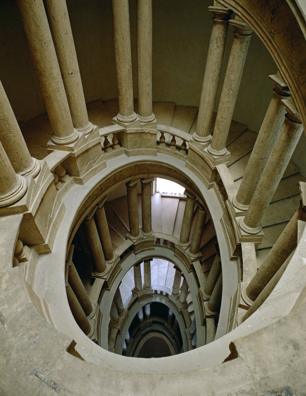 O Palazzetto (pequeno palácio) detalhe da escada em espiral, visto de cima, 1589 de Ottaviano Mascherino