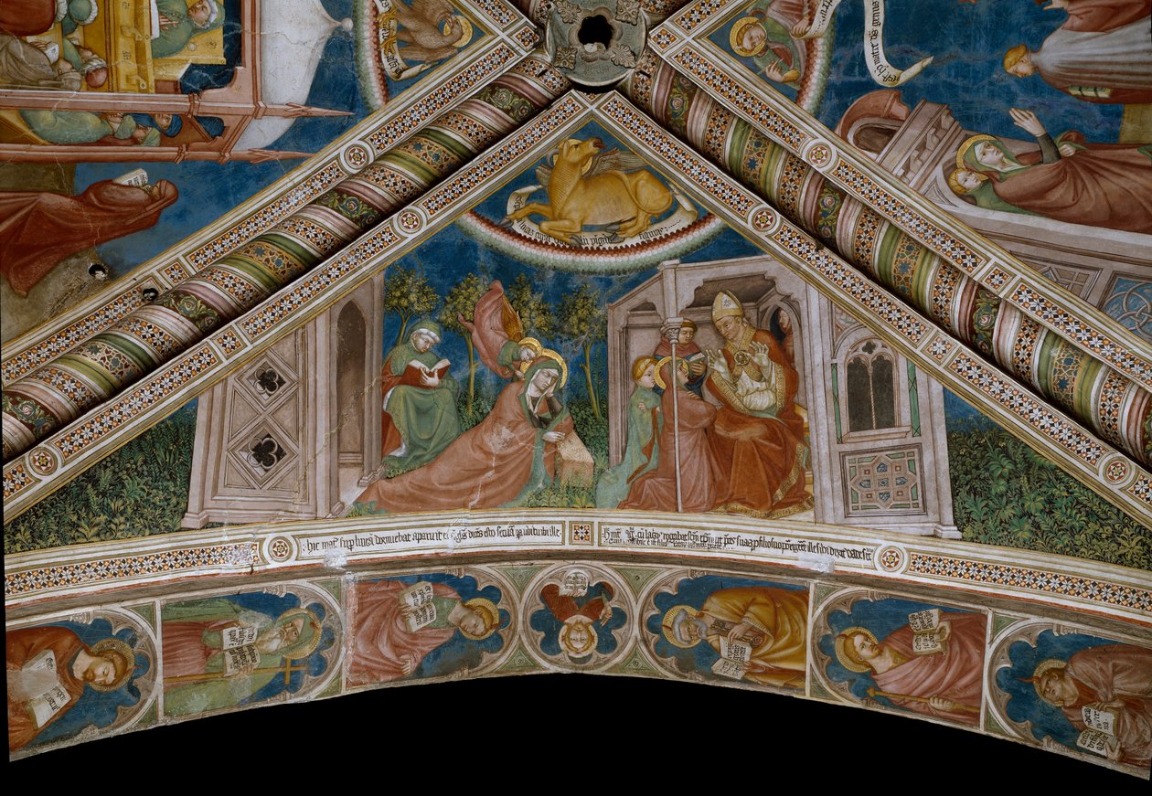Monique reforça em seu sono sobre o futuro de seu filho Santo Agostinho por Deus, logo durante um encontro com uma eveque (Fresco de Ottaviano Nelli