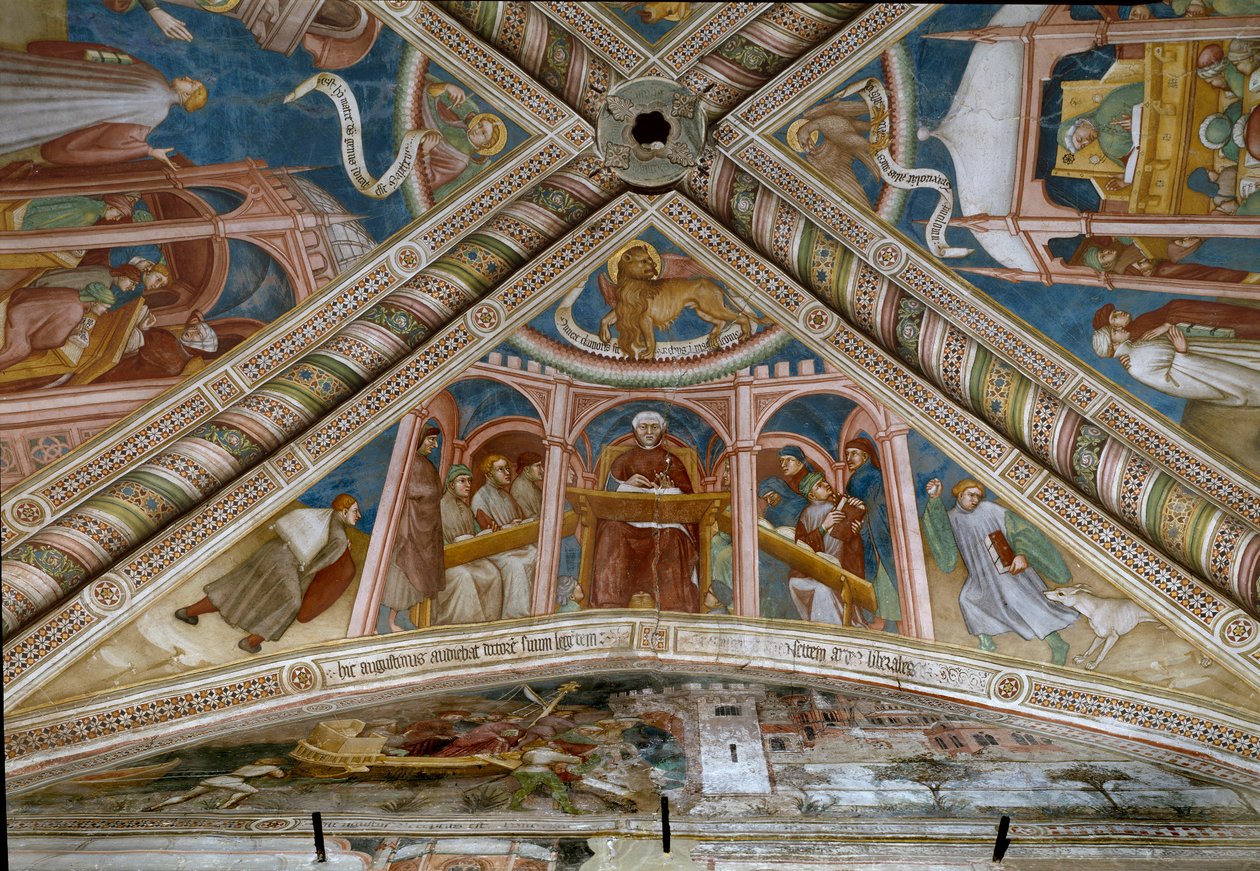 Santo Agostinho, sentado à esquerda, aprendendo as sete artes liberais. (Fresco de Ottaviano Nelli