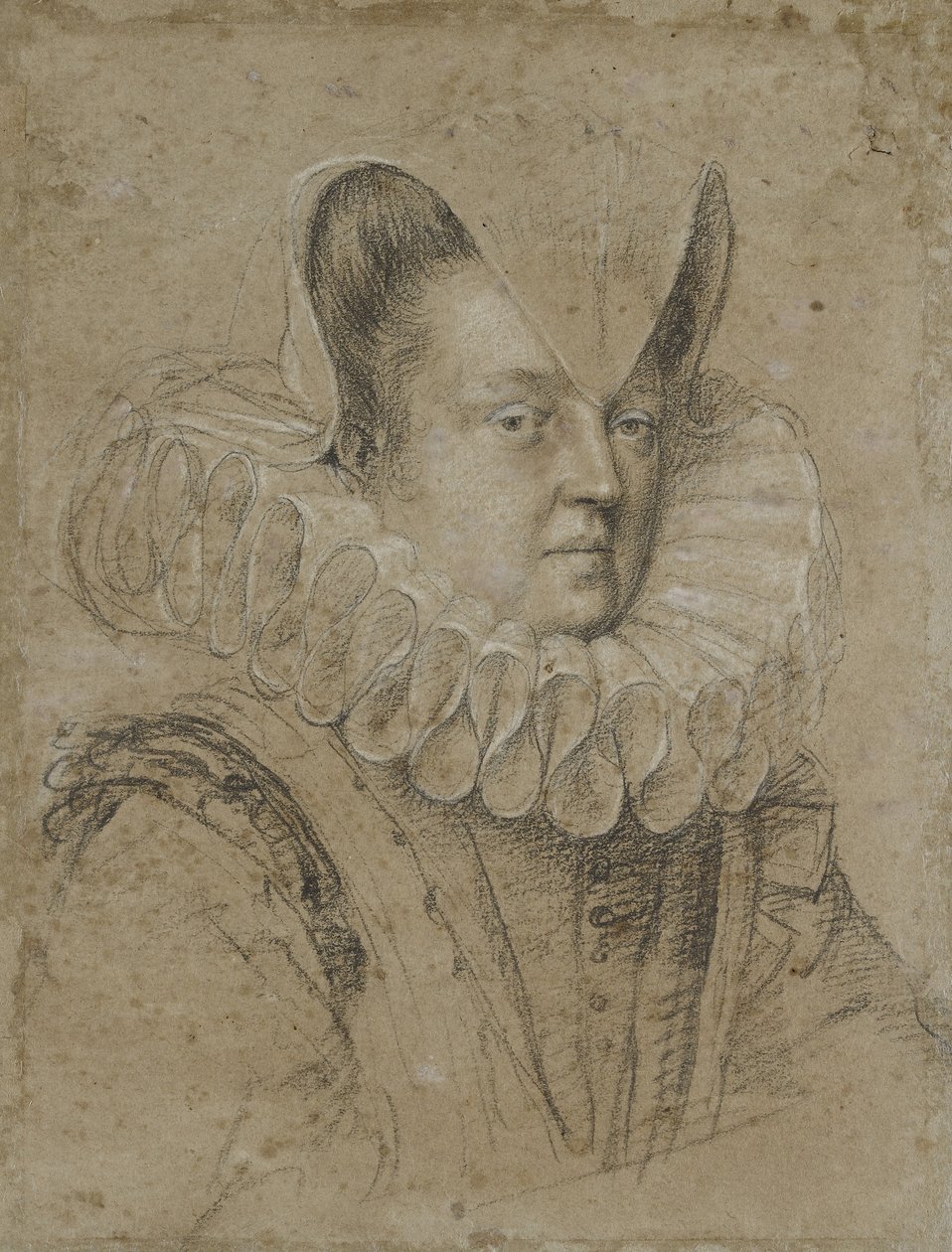 Retrato de Margherita, Duquesa de Ferrara (giz preto, aumentado de branco, em papel cinza-amarelado) de Ottavio Mario Leoni