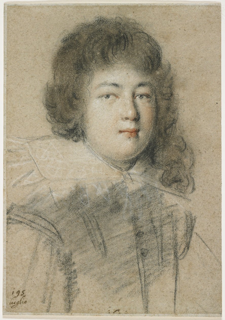 Retrato de um garoto adolescente, 1621 (giz vermelho, preto e branco sobre papel marrom desbotado) de Ottavio Mario Leoni