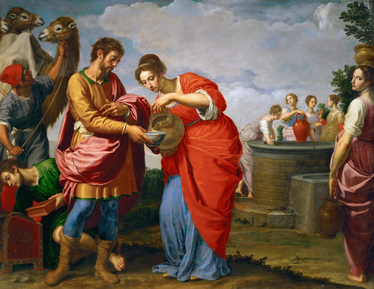 Rebecca e Eliezer no Poço - Ottavio Vannini (1585-1643). Óleo sobre tela, c. 1626. Dimensão : 120x154 cm. Museu de História de Arte, Vienne de Ottavio Vannini