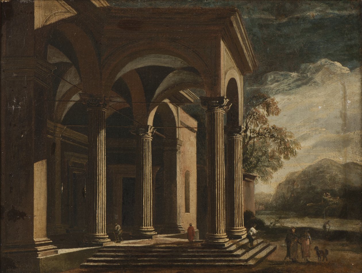 Palácio de fantasia arquitetônica em uma paisagem (óleo sobre tela) de Ottavio Viviani