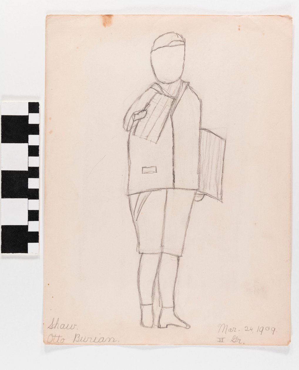 Lápis de desenho no papel de uma pessoa segurando papéis de Otto Burian