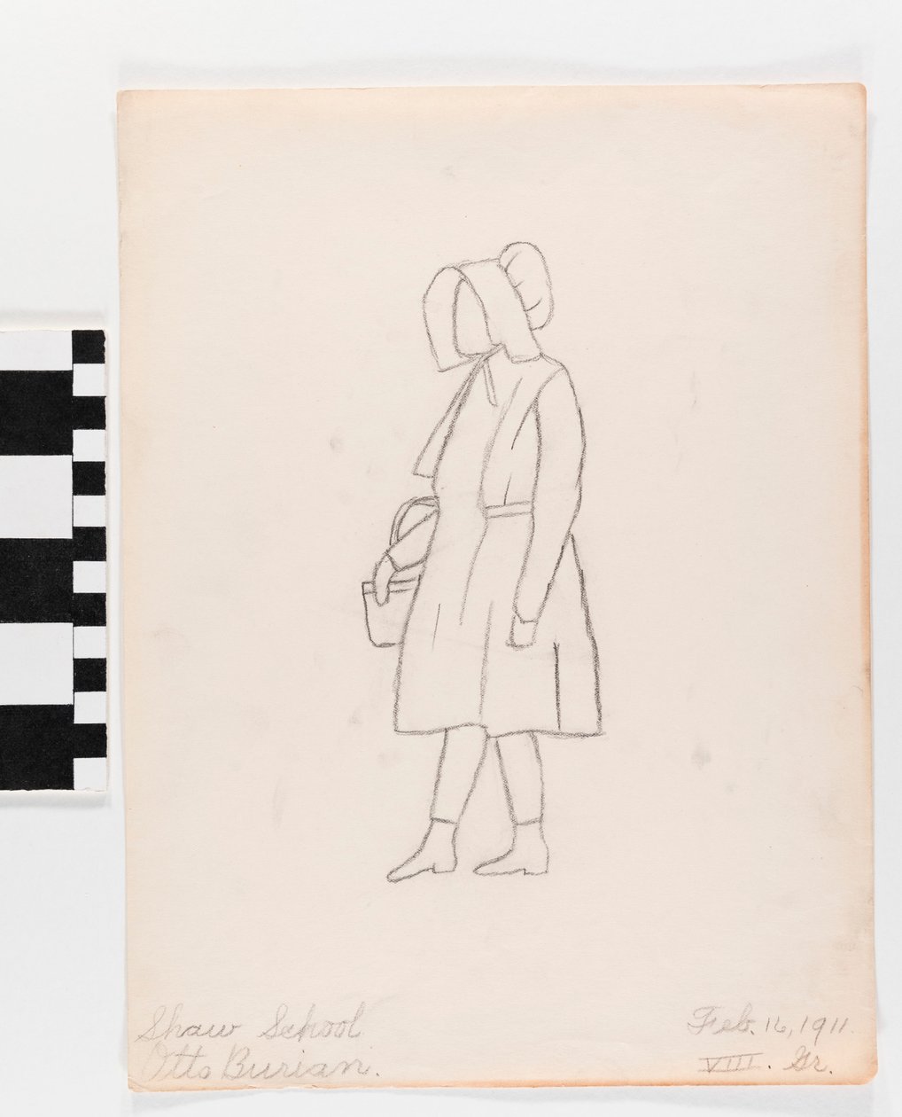 Lápis de desenho no papel de uma pessoa em um vestido, carregando uma cesta e usando um chapéu de pradaria de Otto Burian