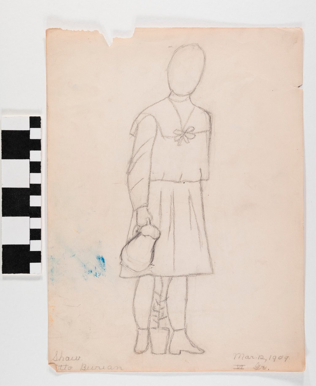 Lápis de desenho no papel da menina de vestido, carregando um jarro, com uma planta em um plantador por seus pés de Otto Burian