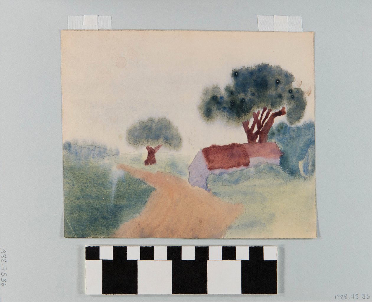Pintura em aquarela de um pequeno prédio em uma estrada de terra de Otto Burian