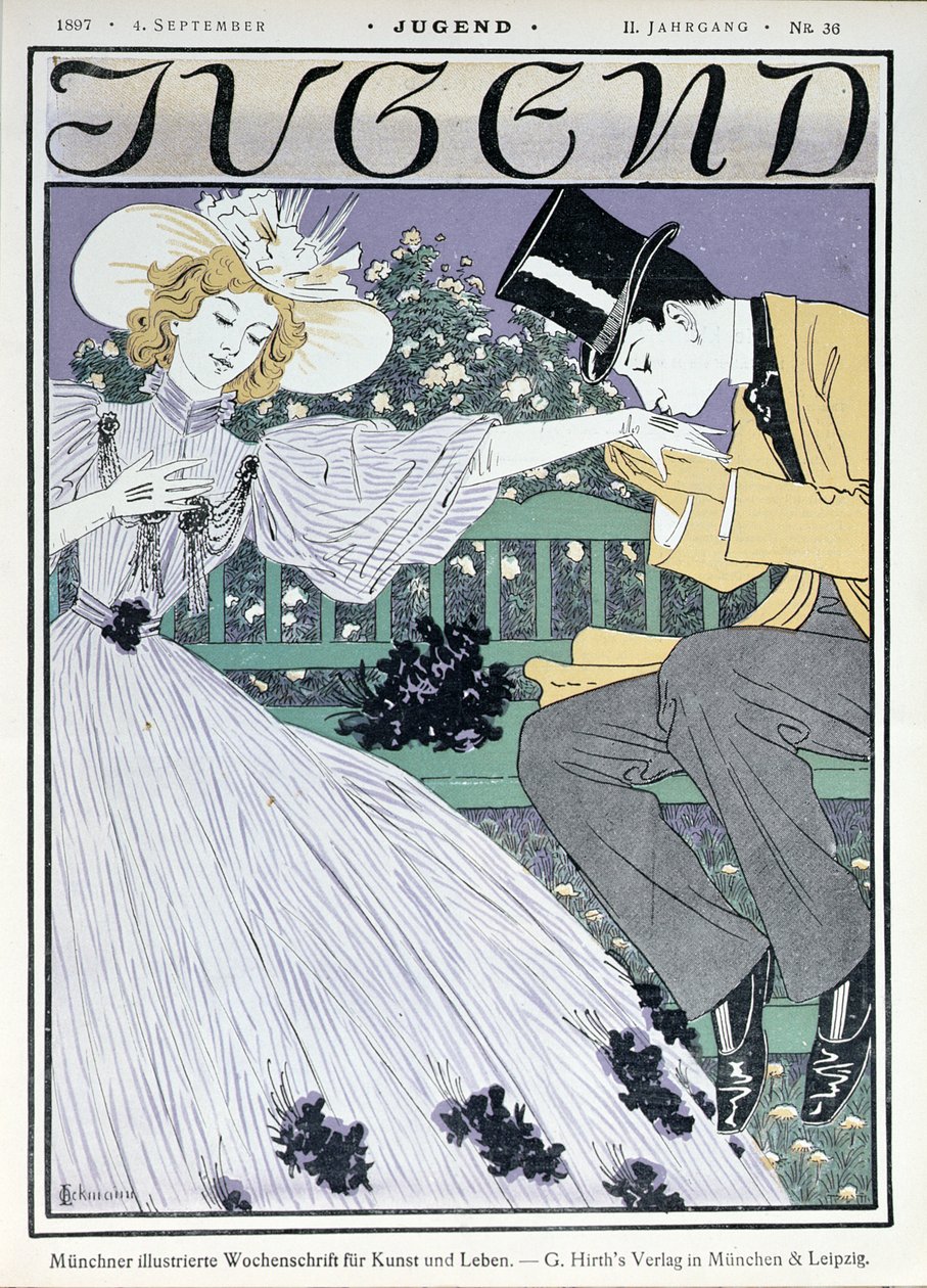 Amantes em um banco, ilustração de capa para a revista &39;Jugend&39;, Munique, 4 de setembro de 1897 de Otto Eckmann