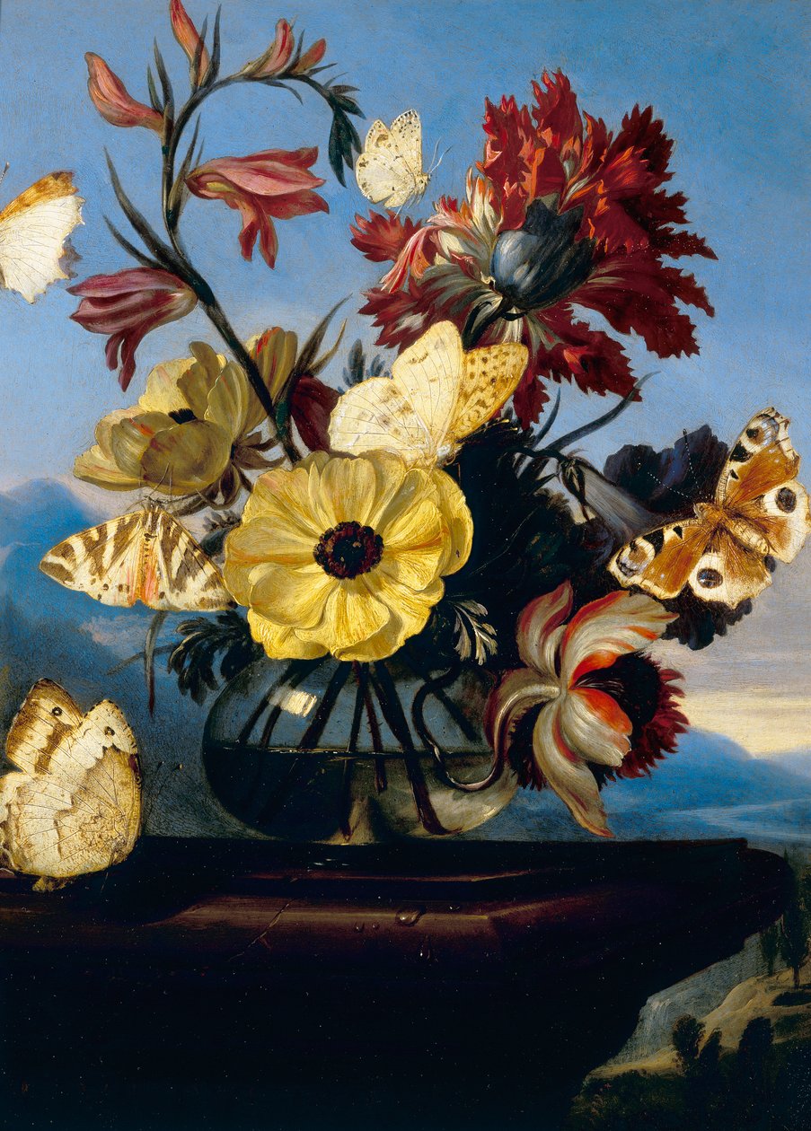 Vaso de flores com uma borboleta de Otto Marseus  van Schrieck