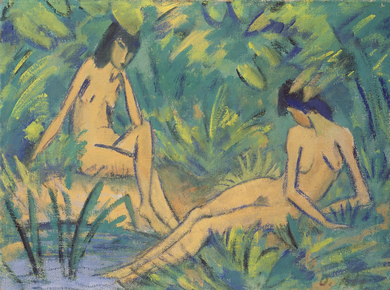Meninas sentadas à beira da água, c.1920 (têmpera sobre hessian) de Otto Mueller