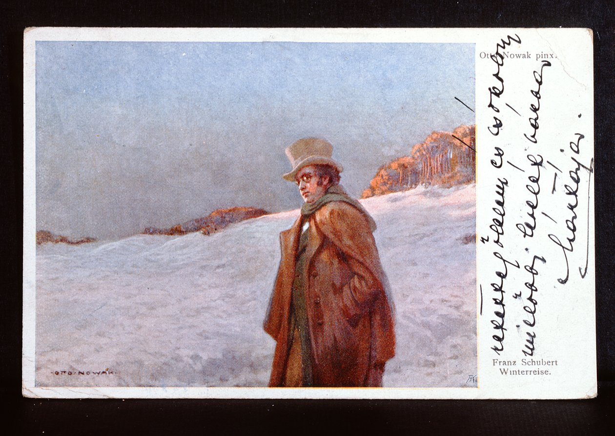 Cartão postal vienense representando Franz Peter Schubert (1797-1828) e ilustrando seu ciclo musical &39;Winterreise&39;, c.1910 de Otto Robert Nowak