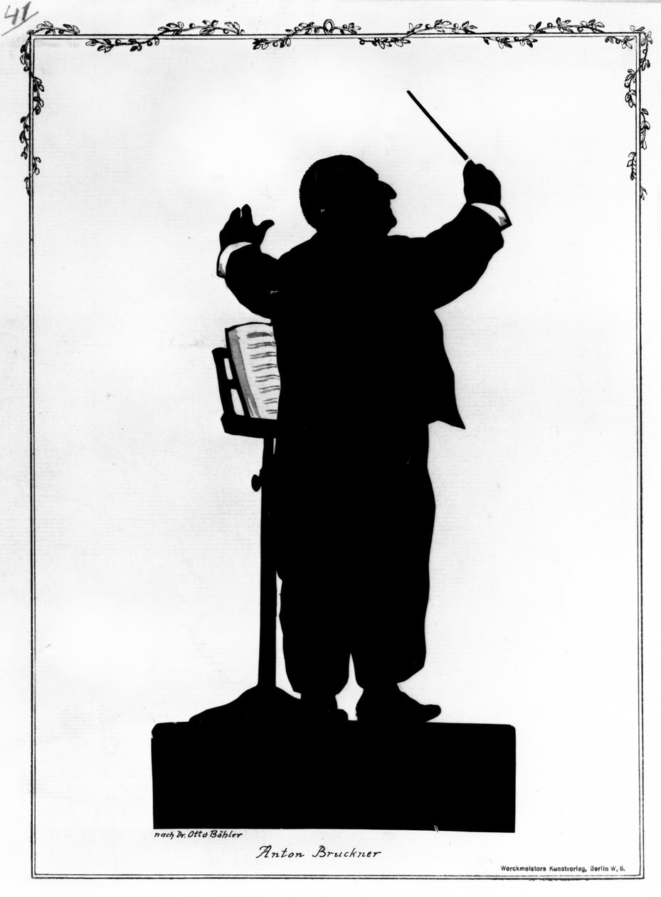 Silhueta de Anton Bruckner (1824-96) compositor austríaco, regência (gravura) (foto em preto e branco) de Otto (after) Bohler