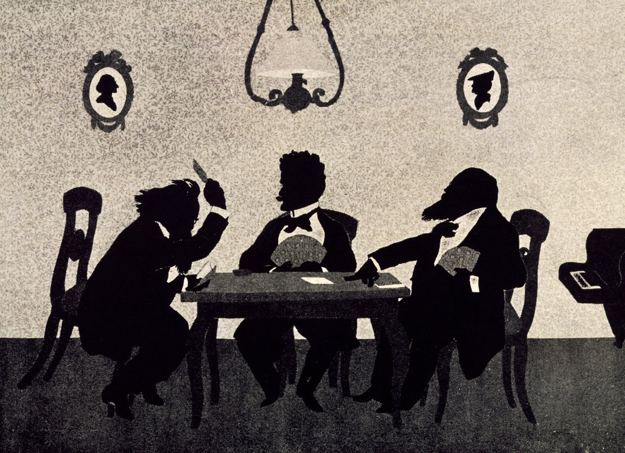 Jogo de cartas entre Johannes Brahms (1833-1897), Richard Strauss (1864-1949) e Hans Richter (1843-1916), silhueta negra de Otto Bohler (1847-1913) de Otto Bohler