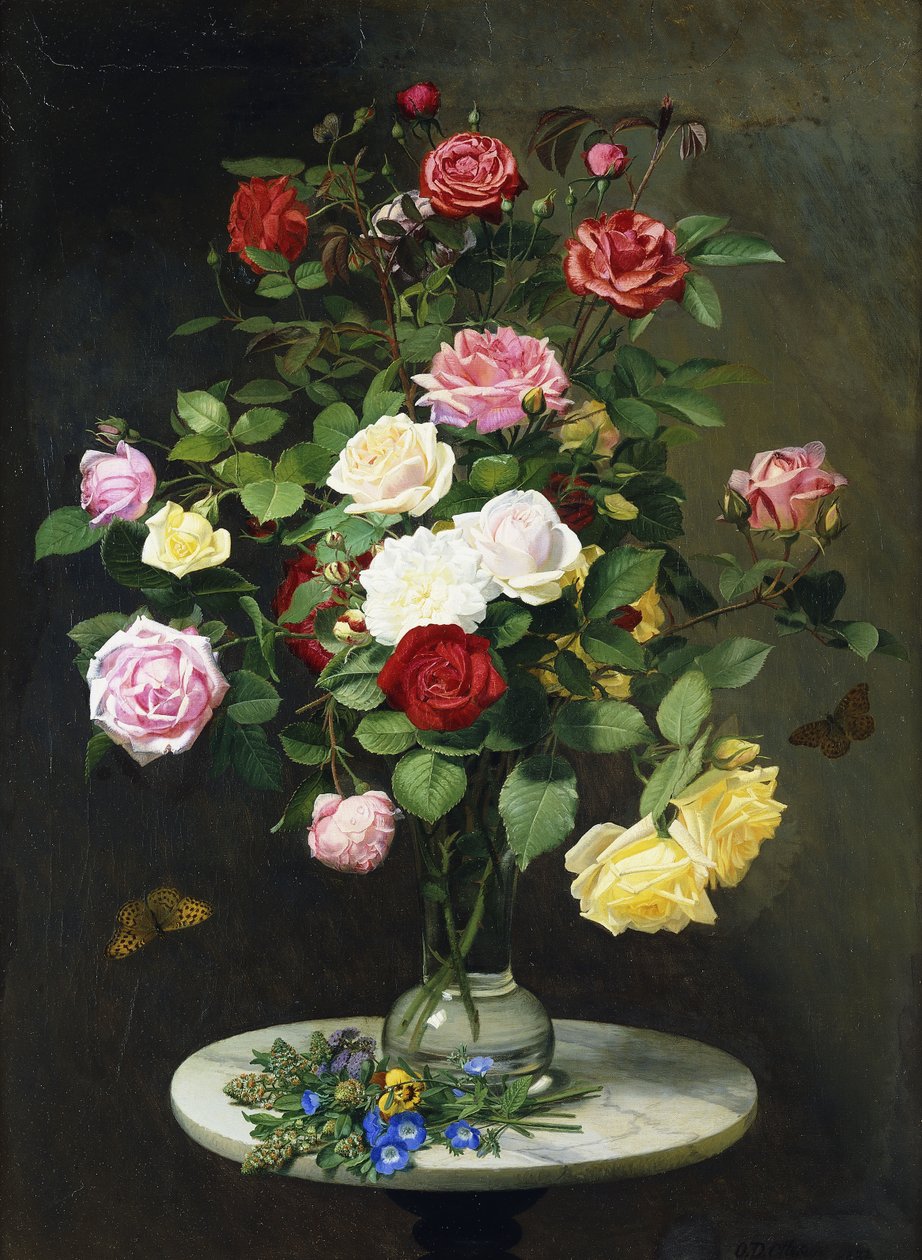 Um buquê de rosas em um vaso de vidro por flores silvestres em uma mesa de mármore, 1882 de Otto Didrik Ottesen