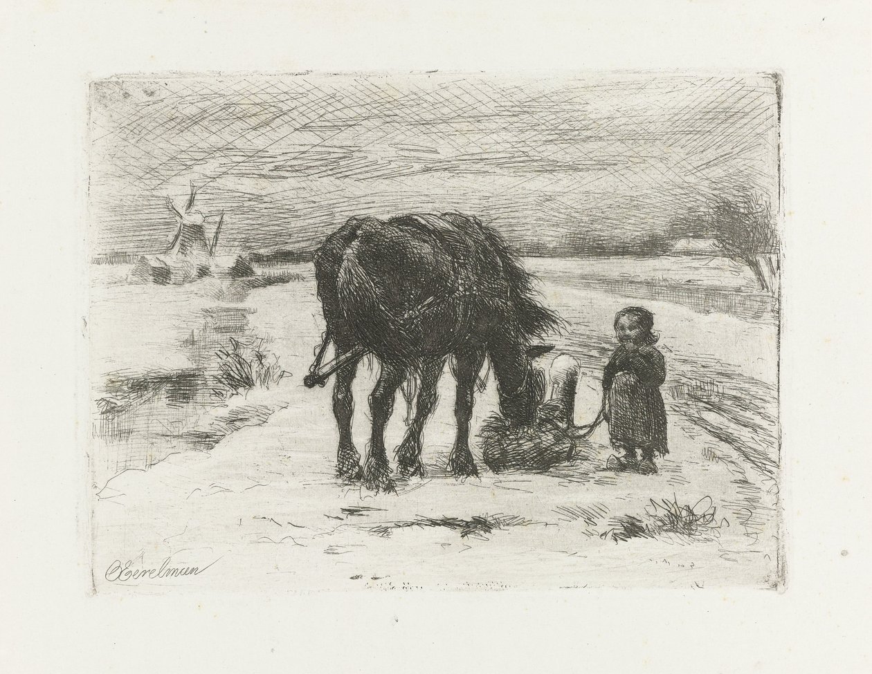 Paisagem de neve com criança e cavalo de Otto Eerelman