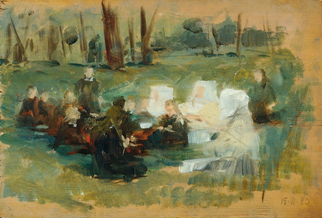 Grupo de crianças com três freiras vestidas de branco e um padre em um prado florestal ao sol de Otto Friedrich