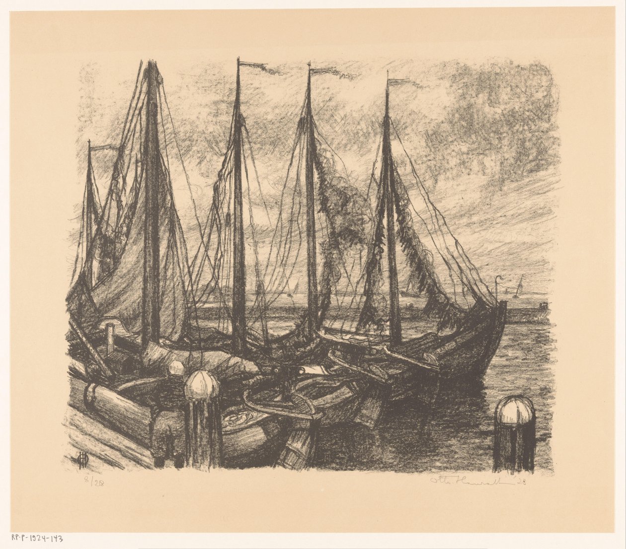 Embarcações de pesca amarradas em um porto de Otto Hanrath (signed by artist)