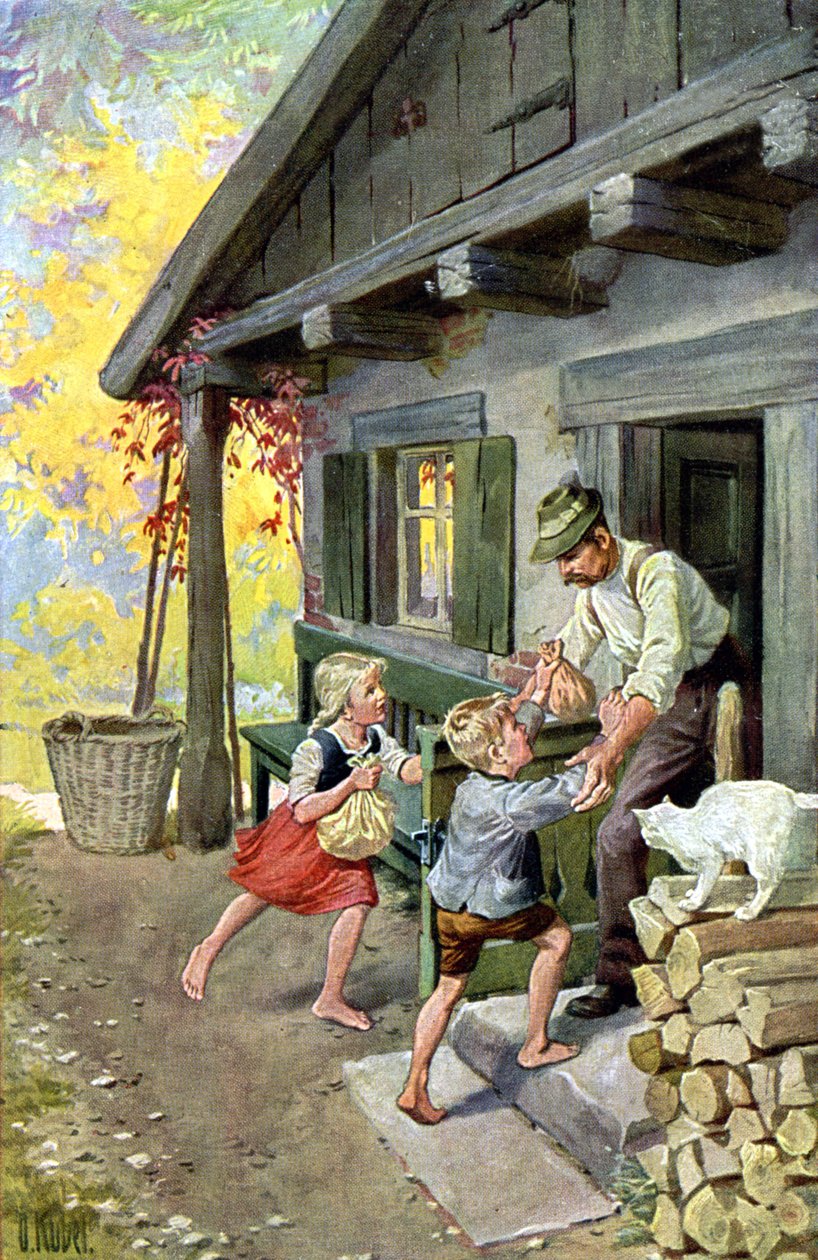 Hansel e Gretel encontram o caminho de volta para casa, c.1910 (cartão postal) de Otto Kubel