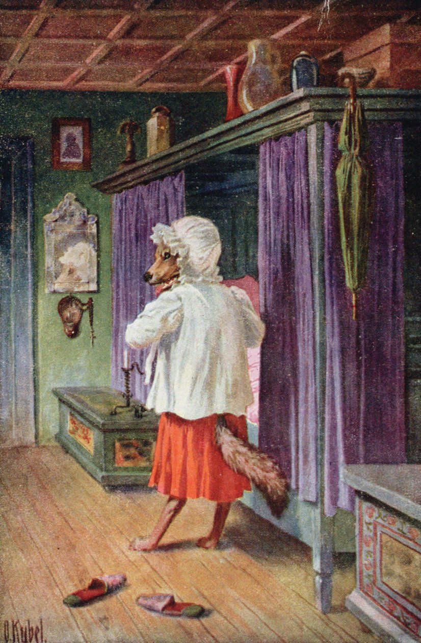 Postal representando o lobo disfarçado de avó de Chapeuzinho Vermelho (lito colorido) de Otto Kubel
