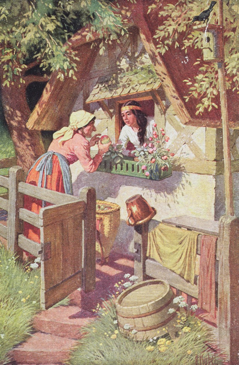 A rainha malvada, disfarçada de velha, oferece a maçã envenenada à Branca de Neve, ilustração do conto de fadas Grimm "Branca de Neve e os Sete Anões", c.1900 (cor litho) de Otto Kubel