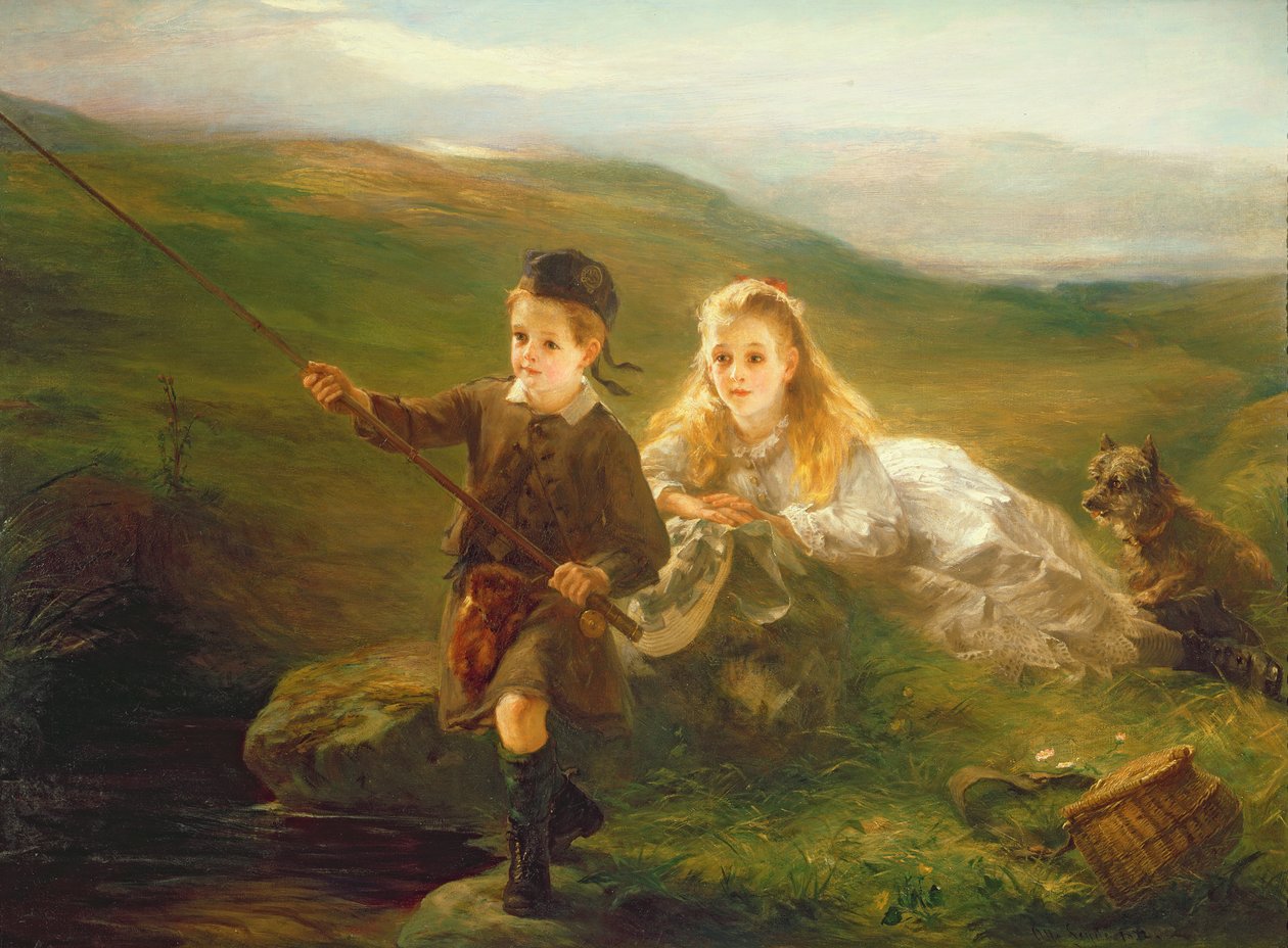 Duas crianças pescando na Escócia de Otto Leyde