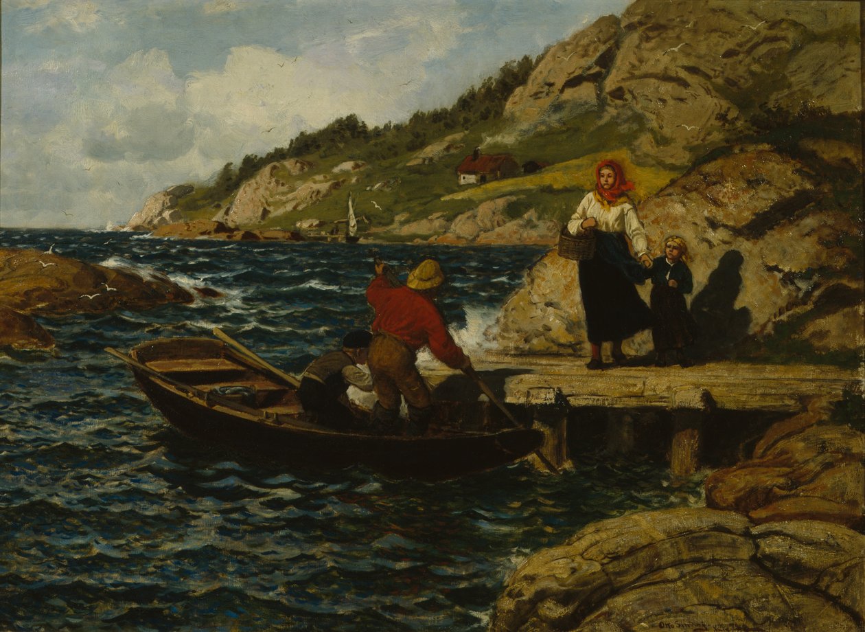 Pescador, mulher e criança pelo cais de Otto Ludvig Sinding