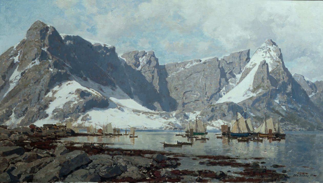 Paisagem nevada de Reine, Lofoten de Otto Ludvig Sinding