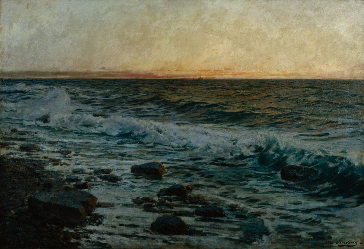 Pôr do sol à beira-mar (óleo sobre tela) de Otto Ludvig Sinding