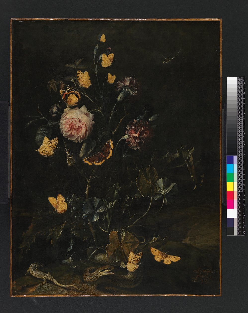 Flores, insetos e répteis, 1673 de Otto Marseus  van Schrieck