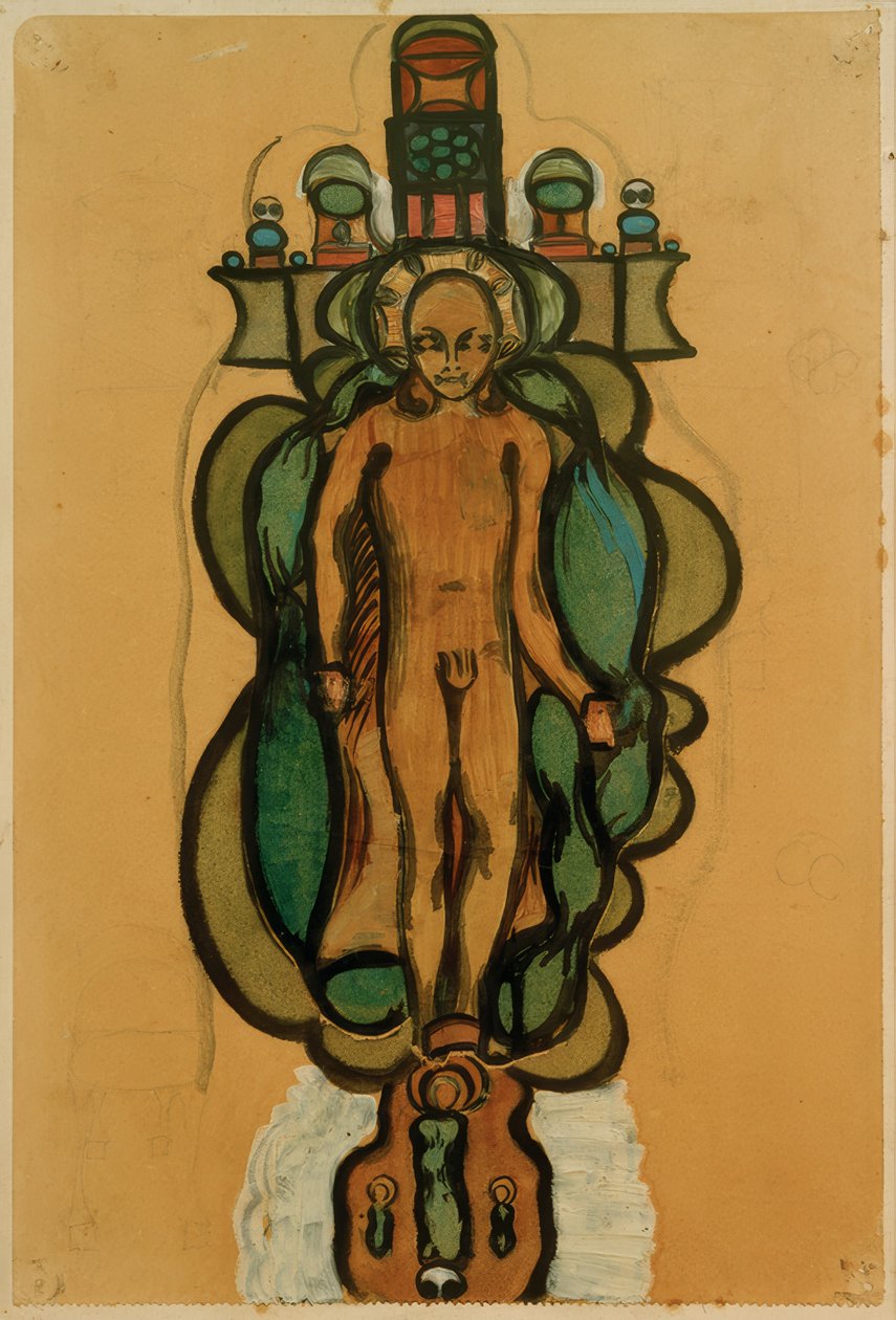 Menino nu com auréola no contorno de uma cruz decorada de Otto Meyer Amden