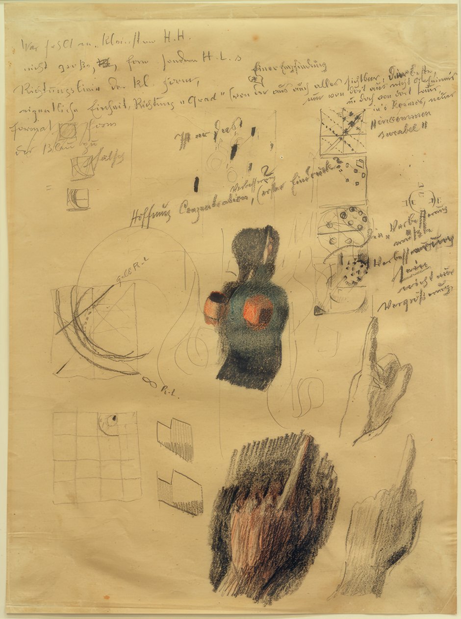 Folha de desenho com composição e estudos manuais sobre Handehuchhaltende (respostas) de Otto Meyer Amden