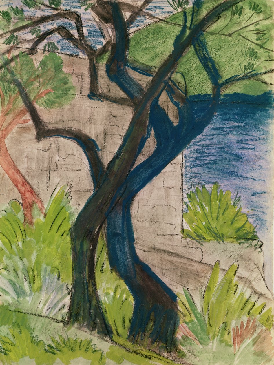 Árvores antes de uma ponte (pastel e guache sobre papel) de Otto Mueller