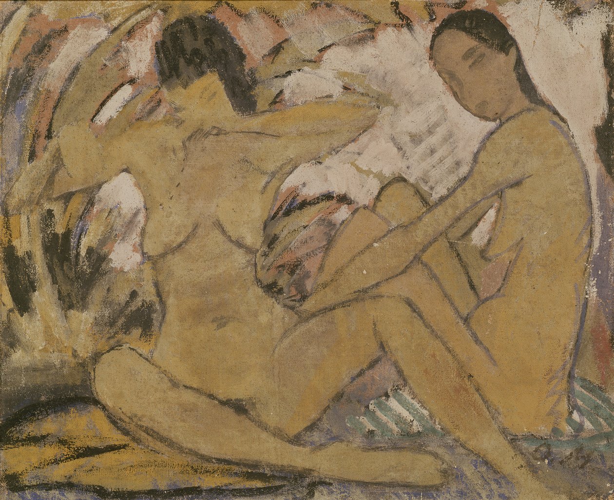 Duas mulheres sentadas, c.1914 (ver 274026 para verso) de Otto Mueller