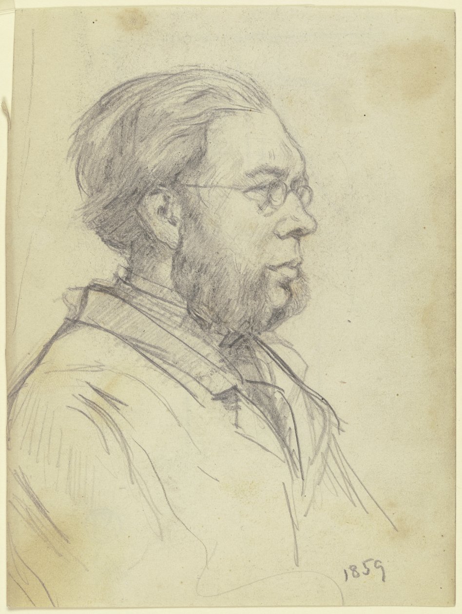Retrato de busto de um homem voltado para a esquerda com barba bifurcada e óculos de Otto Scholderer