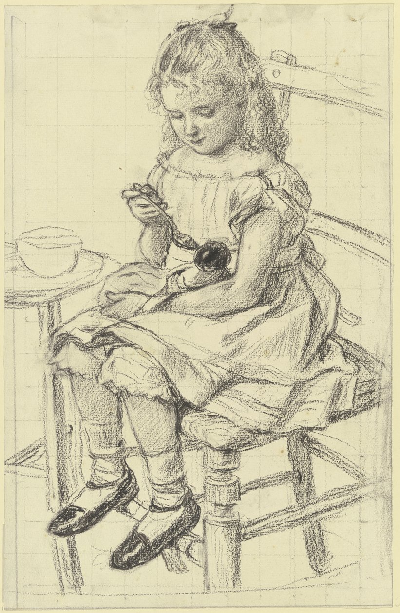 Uma menina a dar de comer à sua boneca de Otto Scholderer