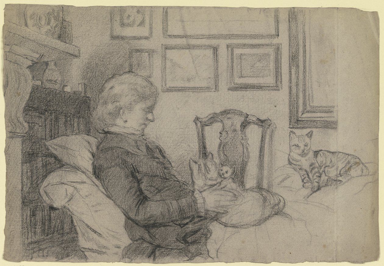 Luise Scholderer junto à la lareira com muitos gatos de Otto Scholderer