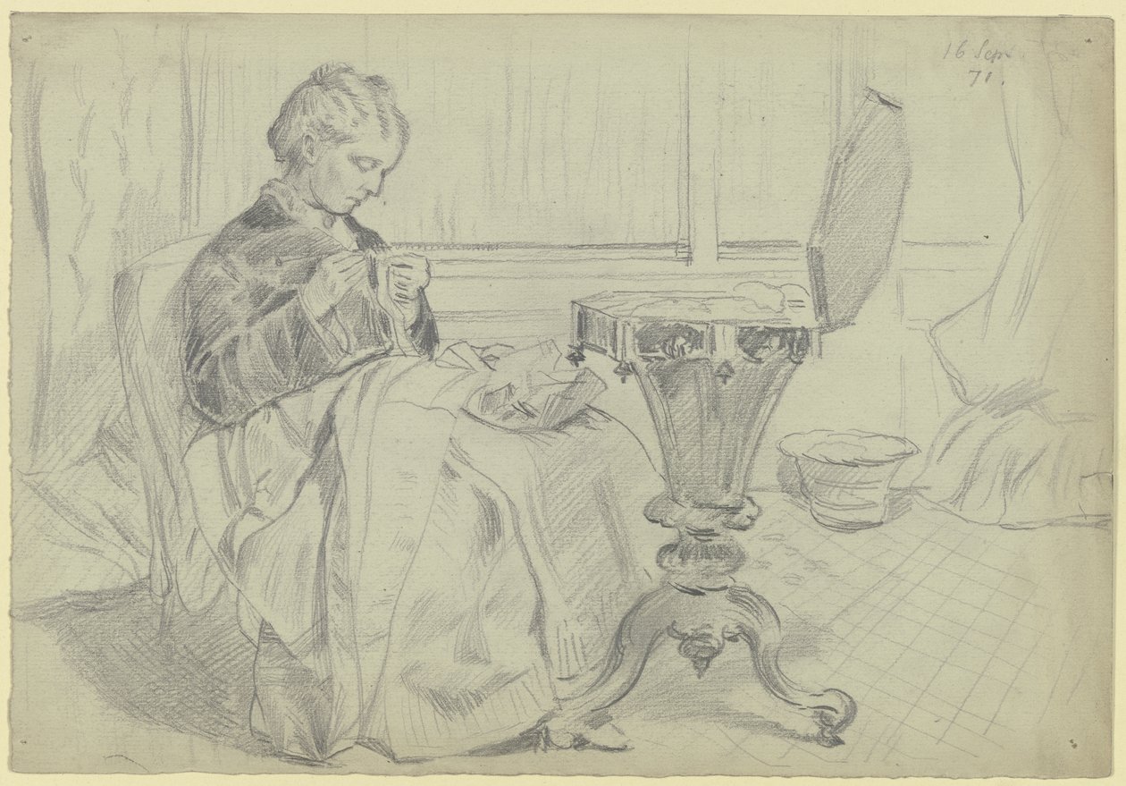 Luise Scholderer à mesa de costura, com um trabalho manual de Otto Scholderer