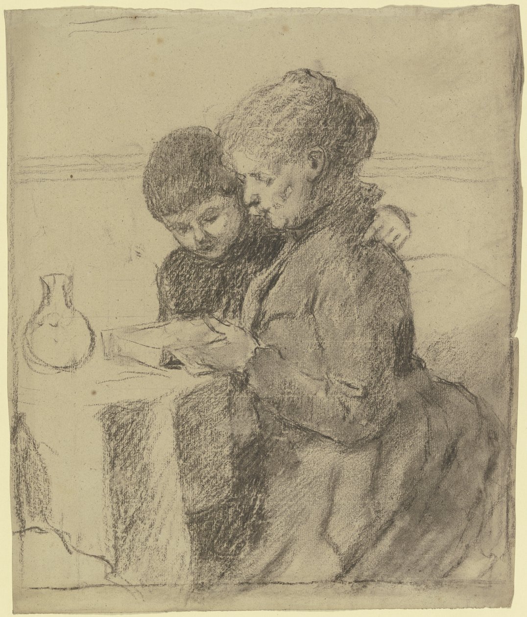 Luise Scholderer a ler um livro com o seu filho Victor de Otto Scholderer
