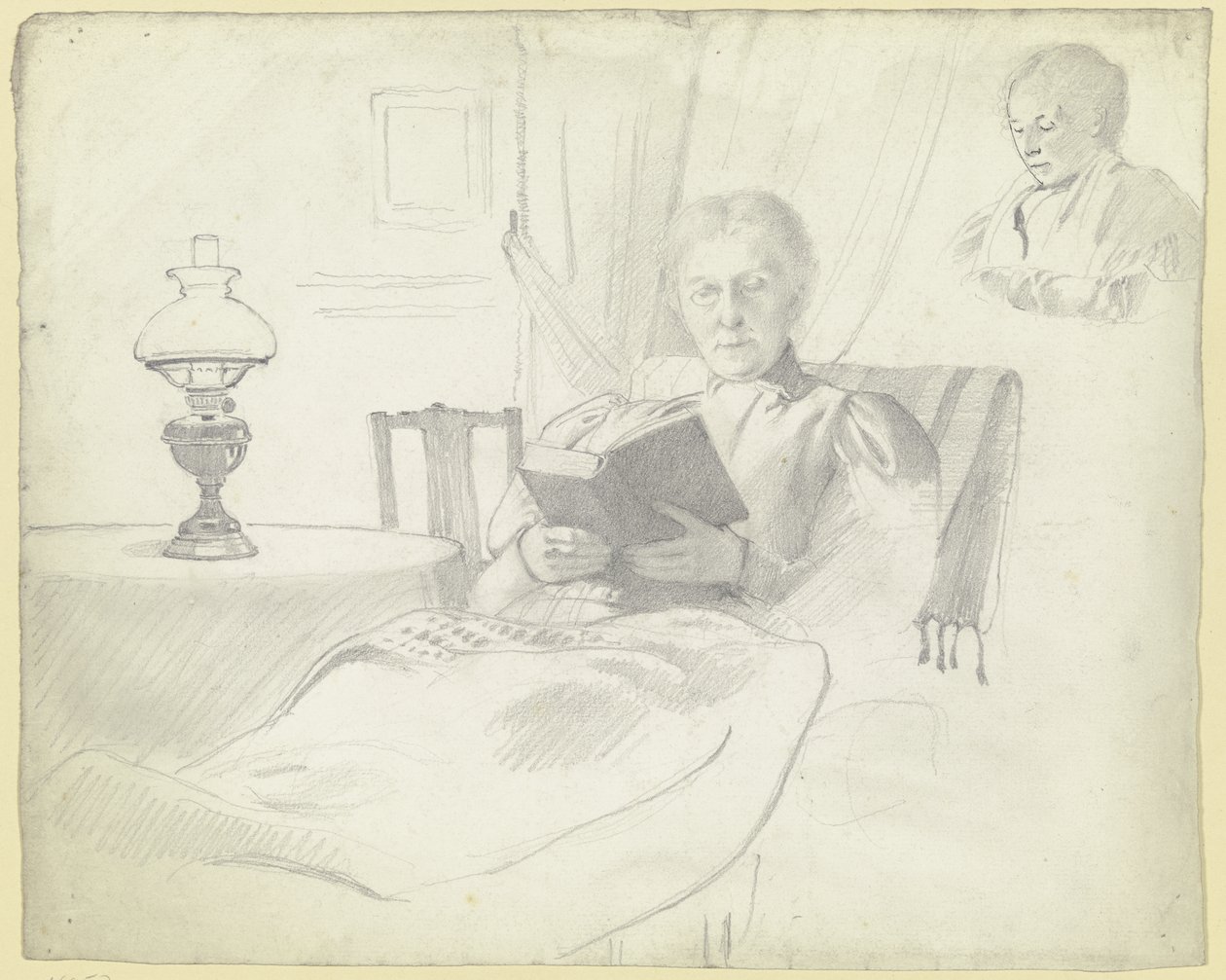 Luise Scholderer a ler com mesa e candeeiro, busto de uma figura feminina ao fundo de Otto Scholderer
