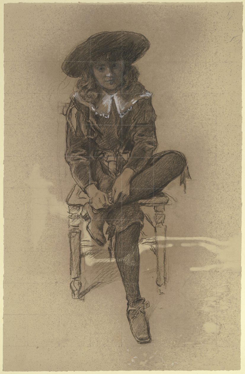 Rapaz sentado em traje histórico da «Preparação para o baile de máscaras» de Otto Scholderer