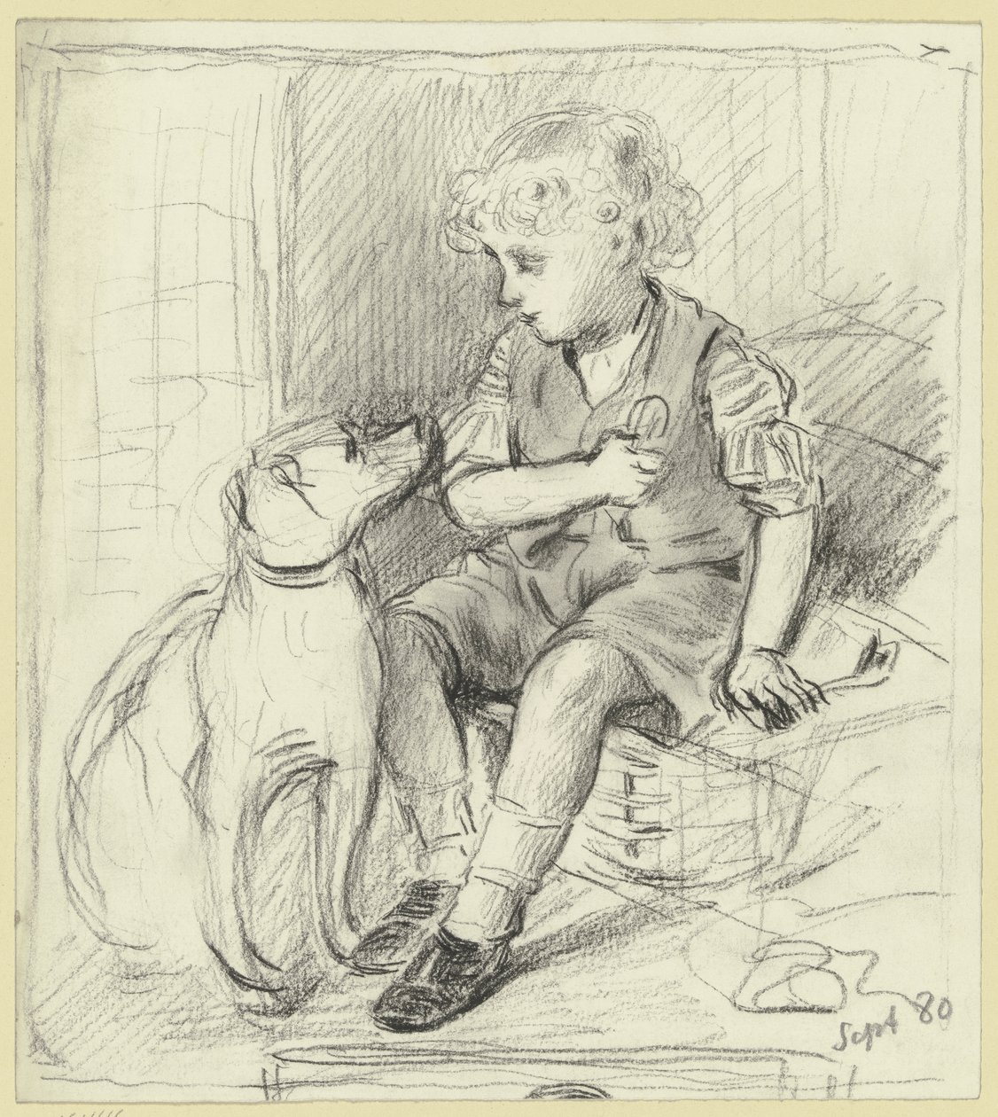 Rapaz sentado com cão sentado de Otto Scholderer