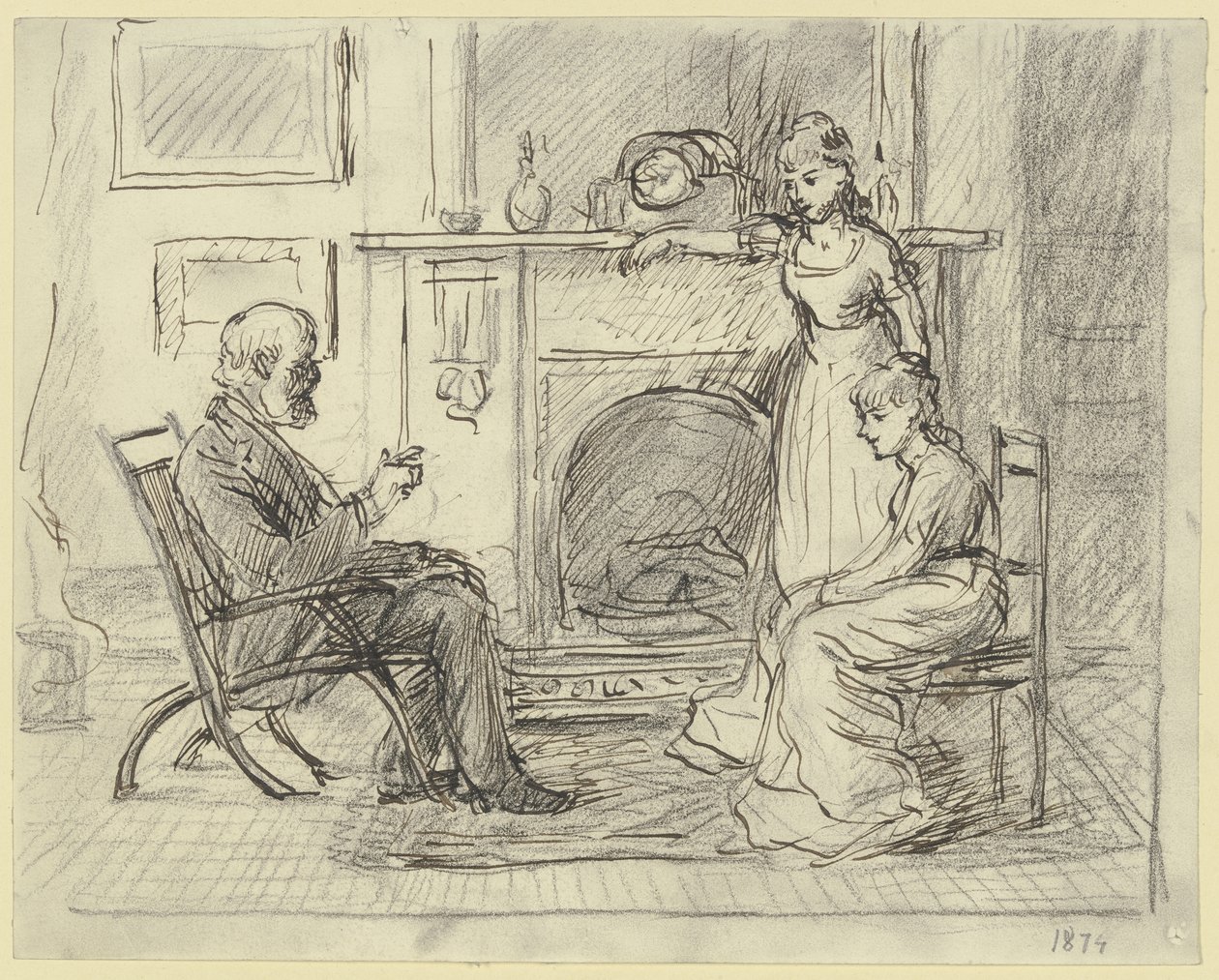 Três pessoas junto à lareira de Otto Scholderer