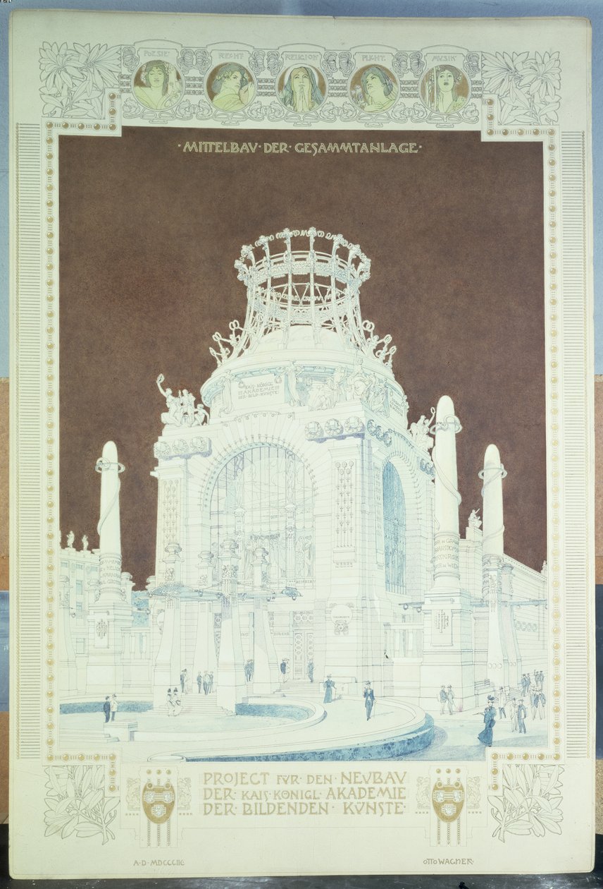 Academia de Belas Artes de Viena, design para o Hall of Honor (lápis colorido) de Otto Wagner
