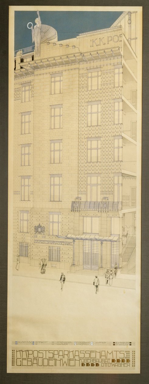 Desenho para o concurso da Caixa Económica Postal de Viena ... (caneta e tinta preta, lápis de cera azul, tinta dourada) de Otto Wagner